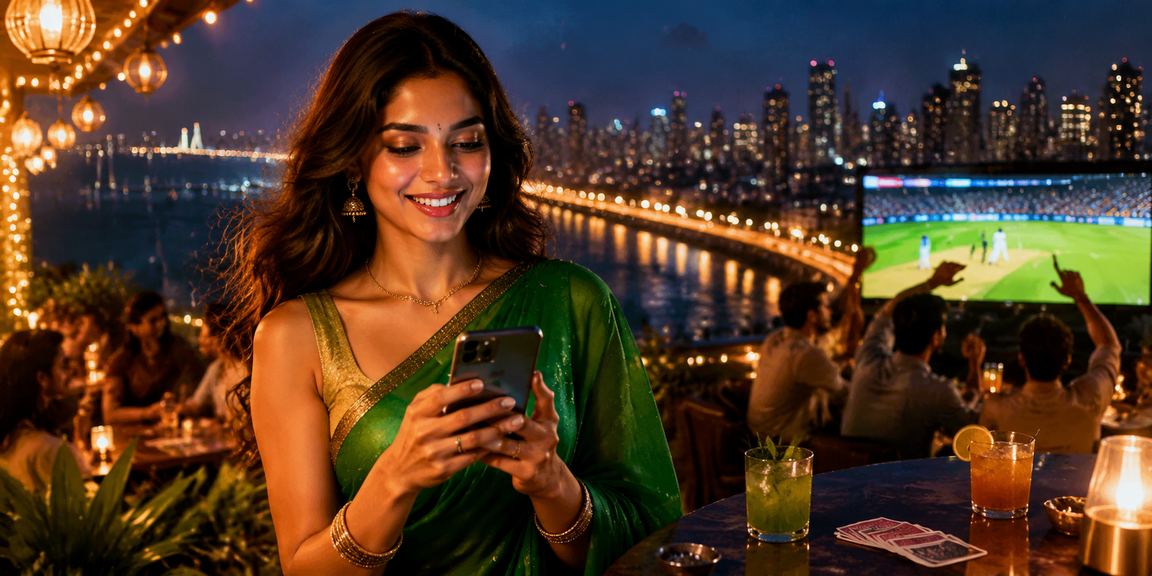 Young woman using mobile for cricket betting in Bandra, Mumbai